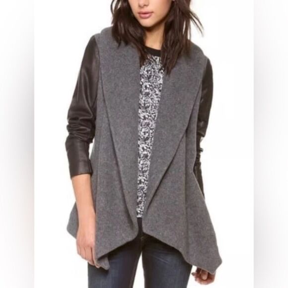 Theory gray/black wool/cashmere/ lamb leather open front jacket, M - Picture 2 of 11